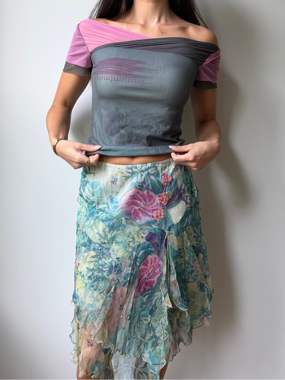 Rare Vintage Cop Copine Mesh Tee Draped Crossover Les Bouquinistes Size S Y2K
